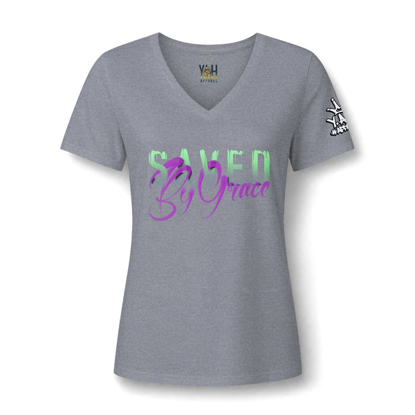 "Saved By Grace" Women's Relaxed Heather CVC V-Neck Tee