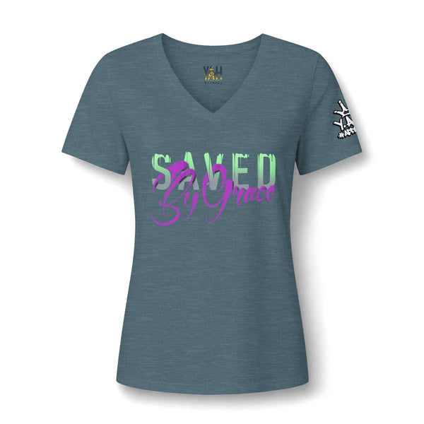"Saved By Grace" Women's Relaxed Heather CVC V-Neck Tee