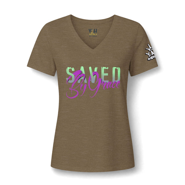 "Saved By Grace" Women's Relaxed Heather CVC V-Neck Tee