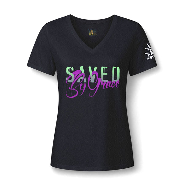 "Saved By Grace" Women's Relaxed Heather CVC V-Neck Tee