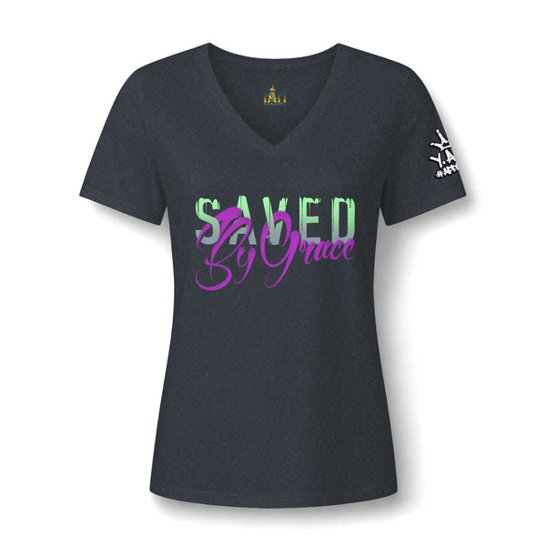 "Saved By Grace" Women's Relaxed Heather CVC V-Neck Tee
