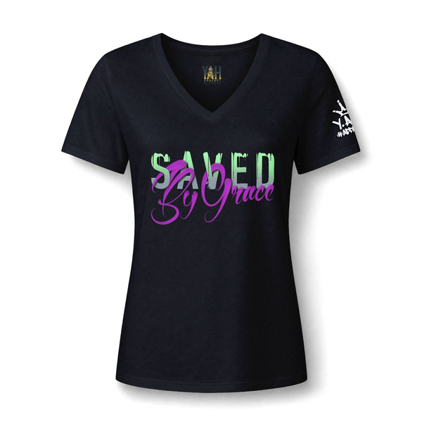 "Saved By Grace" Women's Relaxed Heather CVC V-Neck Tee