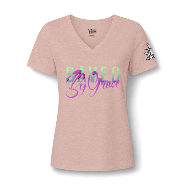 "Saved By Grace" Women's Relaxed Heather CVC V-Neck Tee