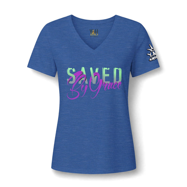 "Saved By Grace" Women's Relaxed Heather CVC V-Neck Tee