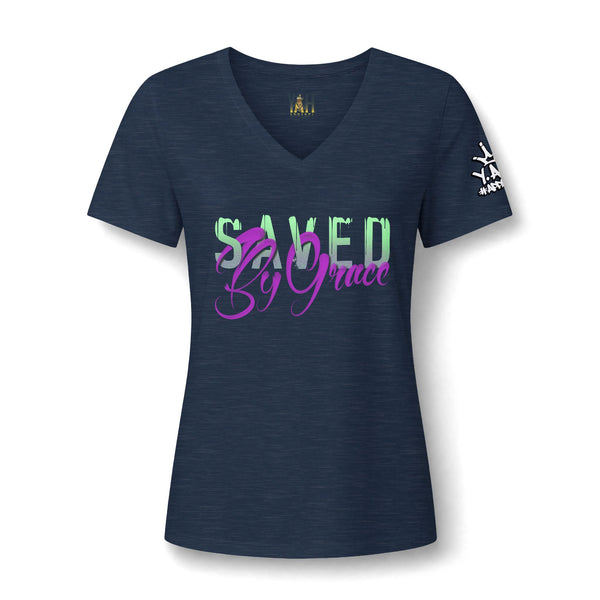 "Saved By Grace" Women's Relaxed Heather CVC V-Neck Tee
