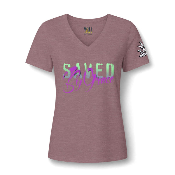 "Saved By Grace" Women's Relaxed Heather CVC V-Neck Tee