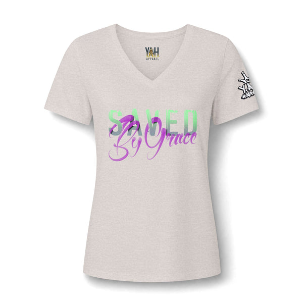 "Saved By Grace" Women's Relaxed Heather CVC V-Neck Tee