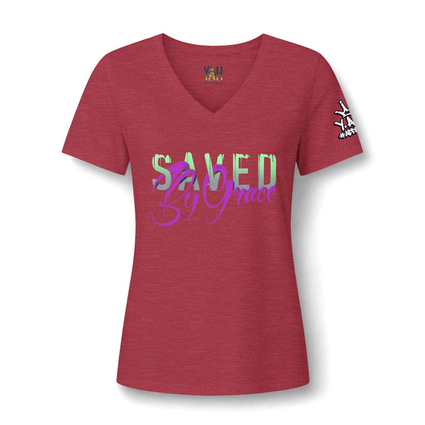 "Saved By Grace" Women's Relaxed Heather CVC V-Neck Tee