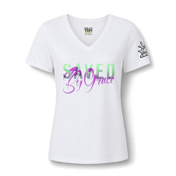 "Saved By Grace" Women's Relaxed Heather CVC V-Neck Tee