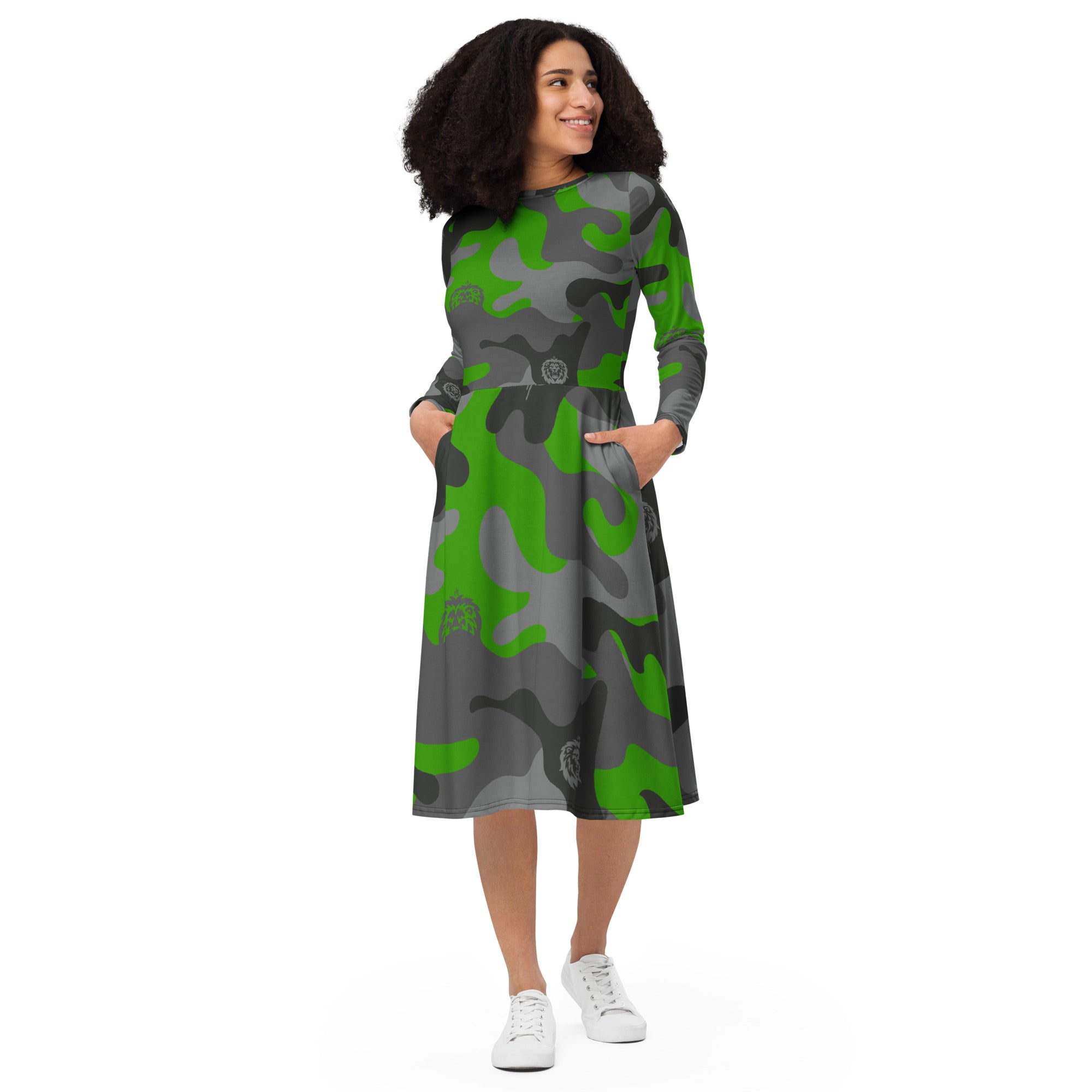 Green Camo Print Long Sleeve Midi Dress
