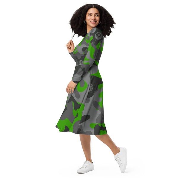 Green Camo Print Long Sleeve Midi Dress